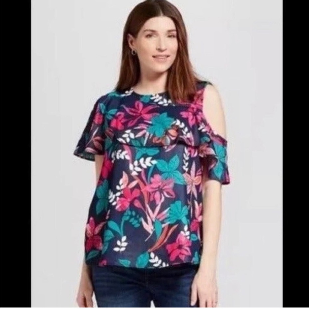 Isabel Maternity (XL) Pink Navy Teal Floral Top with Cold Shoulder and ruffles